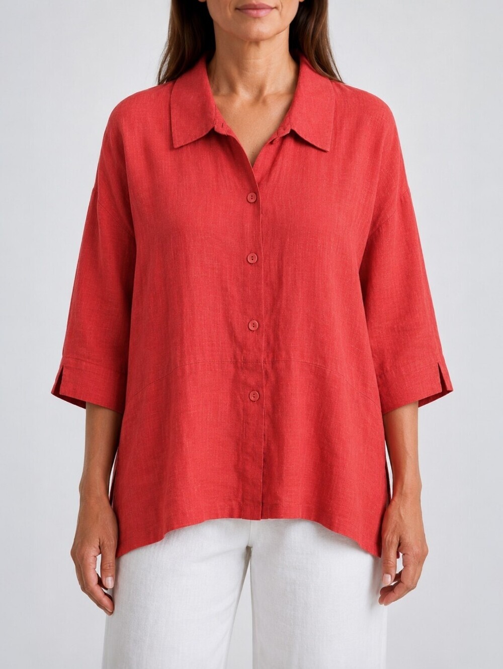 FLAX 100% Linen Button Front Shirt Coral Red Relaxed Fit Size P US 4-6